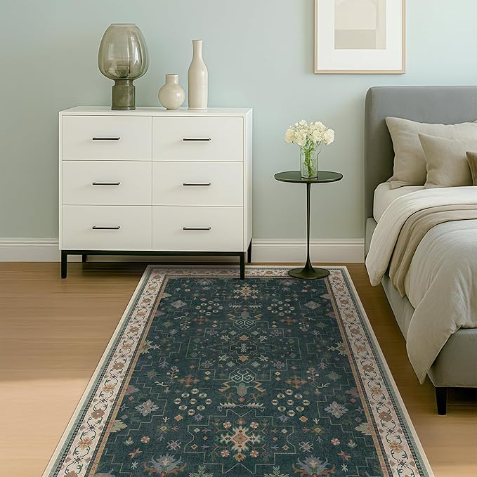 Hazo Haus Dark Green Oushak 5x7 Living Room Rug - Modern Vintage Boho Eclectic Floral Pastel, Washable Low Pile Non-Slip Large Area Rugs for Nursery Dining Under Table Bedroom Lounge