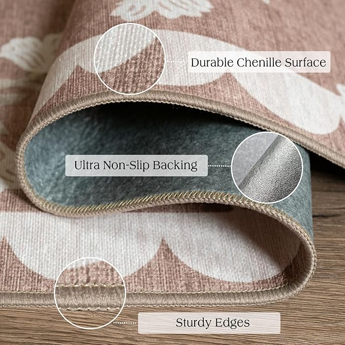 Front Door Mat Outside Entrance - 2x3 Floral Non-Slip Washable Doormat Indoor Outdoor Mat Tan Neutral Farmhouse Scalloped Entry Rug Small Throw Rugs for Entryway Kitchen Front Porch Decor