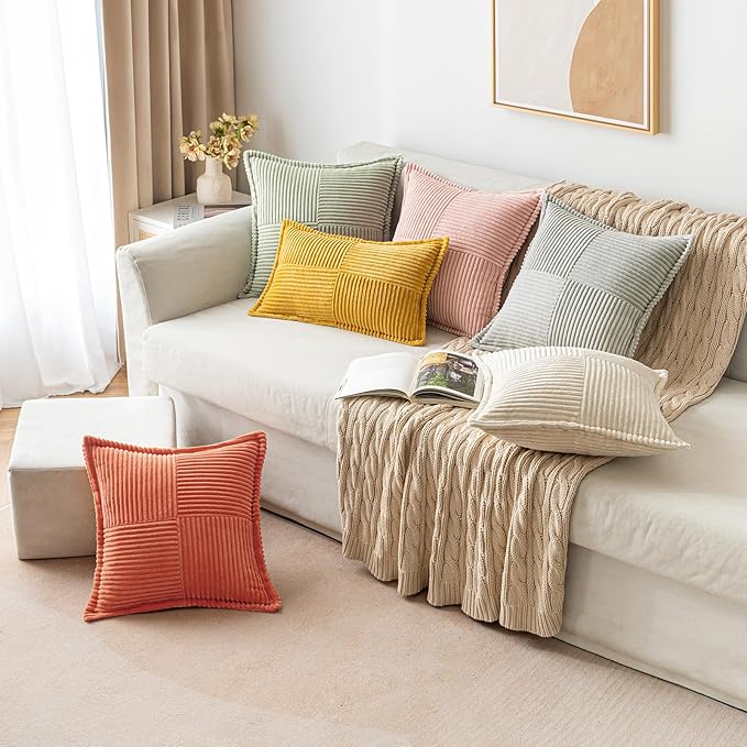 MIULEE Orange Decorative Lumbar Throw Pillow Covers for Couch Bed Livingroom 12x20 Inch Set of 2 Boho Accent Throw Pllows Broadside Striped Patchwork Soft Corduroy Pillowcases