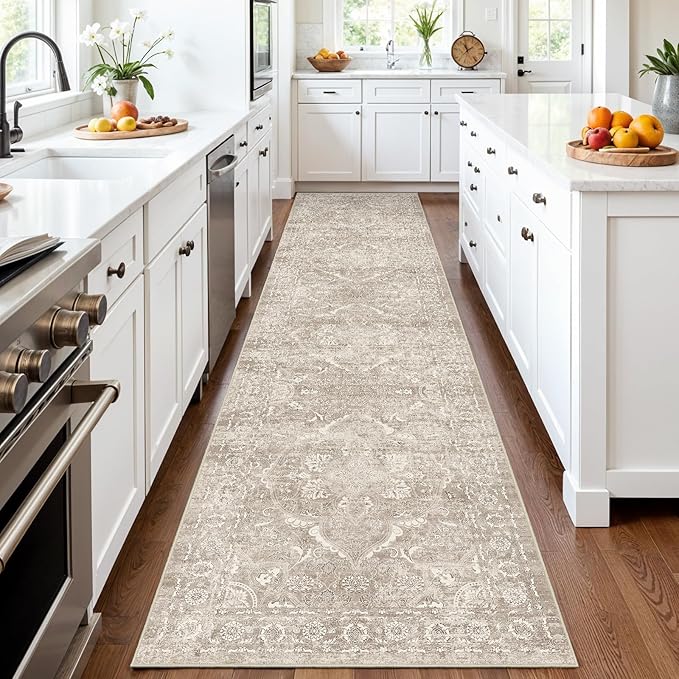 Washable 3x14 Runner Rug - Non-Slip Vintage Runner Rug for Entryway Low-Pile Medallion Long Rugs for Hallway Waterproof Traditional Runner Rugs Indoor Thin Rug for Kitchen (Beige)