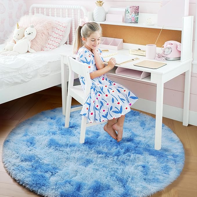 Amdrebio Tie-Dyed Light Blue Round Circle Rug 4Ft for Girls Bedroom, Soft Fluffy Cute Area Rugs for Kids, Boys Room Decor, Stitch Plush Shaggy Fuzzy Carpet for Baby Nursery Classroom Dorm Playroom