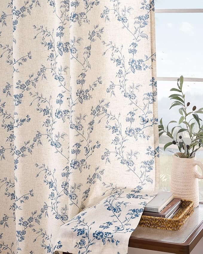 Lazzzy Farmhouse Linen Curtains Extra Long Blue Floral Curtains 108 Inch Long Back Tab Drapes for Living Room Bedroom Light Filtering Country Vintage Rod Pocket, 2 Panels, Blue on Beige