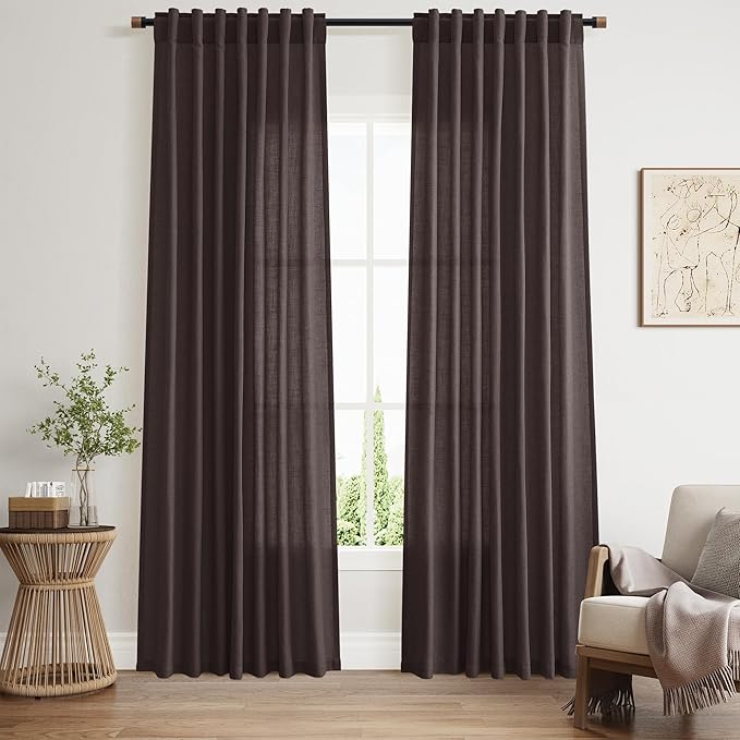 Nanspring Cocoa Coffee Linen Curtains 84 Inch Length 2 Panels Set for Living Room Back Tab Light Filtering Semi Sheer Curtain for Bedroom Farmhouse Drapes, 52x84 Inch, 2 Panels
