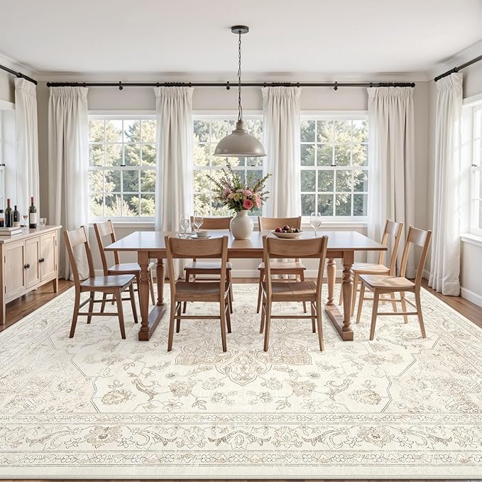 Area Rugs 9x12 Living Room: Vintage Boho Neutral Washable Rug Indoor Soft Large Area Rug Carpet for Bedroom Nursery Farmhouse Dining Room Office Floor Non-Slip Low Pile Under Table Rug Beige White