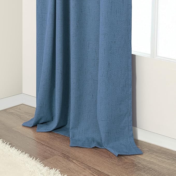 Denim Blue Back Tab Blackout Curtains 108 Inches Long 2 Panel Set Cotton Linen Textured Darkening Drapes Sound Proof Ceiling Curtain for Bedroom Living Room Divider Patio Sliding Glass Door 108 Length