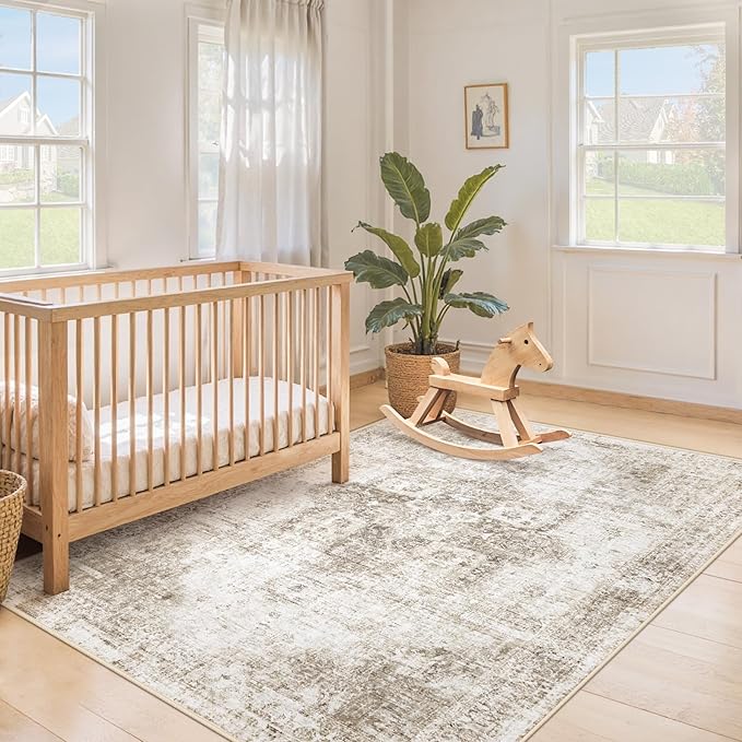 Area Rug 4x6 Washable Rug, Vintage Boho Medallion Rugs Non-Slip Soft Low Pile Distressed Rug Indoor Retro Carpet for Living Room Bedroom Dining Room Home Office (Taupe, 4'x6')