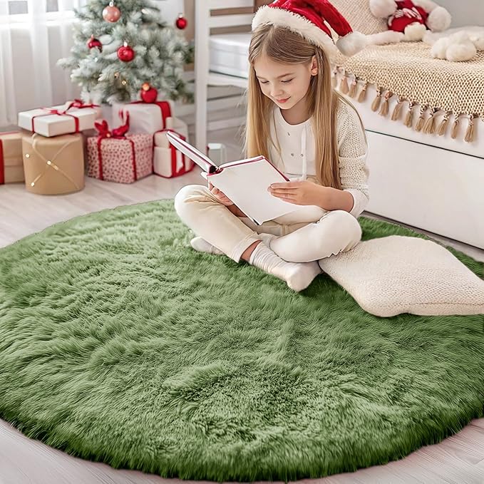 OLANLY Green Round Rugs for Bedroom - Machine Washable, 4 ft Circle Area Rugs for Living Room, Soft and Fluffy Shaggy Carpet for Teen Girl and Boys, Nursery Rooms, Dorms, Home Decor Aesthetic