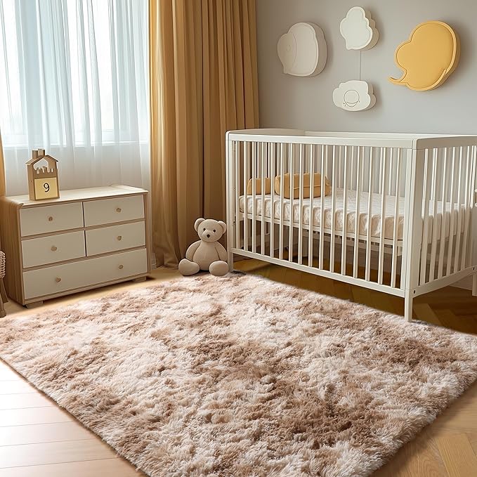 ONASAR Rugs for Living Room Bedroom, Tie-Dyed Beige 5x8 Fluffy Bedside Area Rug, Soft Plush Shaggy Indoor Floor Carpet for Nursery Kids Girls Boys Teen Dorm Home Office Decor Aesthetic