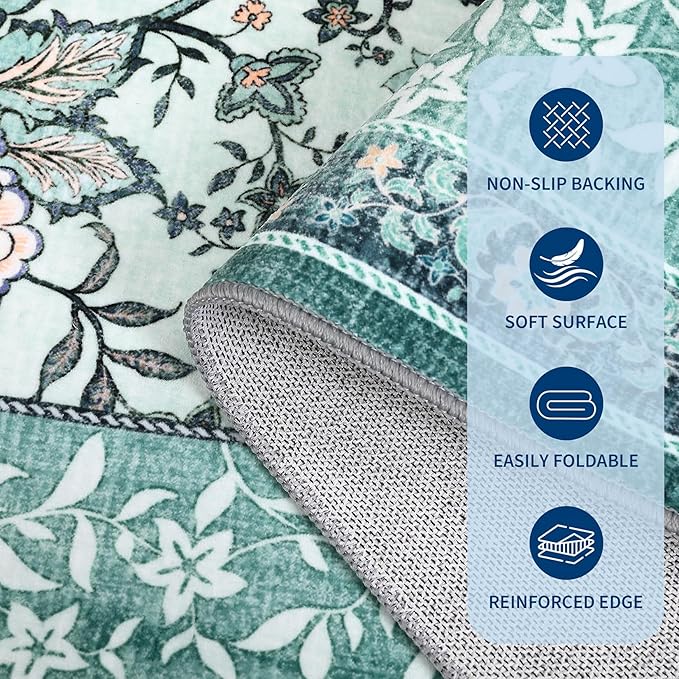 GarveeHome Teal Washable 5x7 Area Rugs, Botanical Grove Vintage Cottage core Non-Slip Rug for Bedroom Living Room Nursery Kitchen Low-Pile Retro Carpet