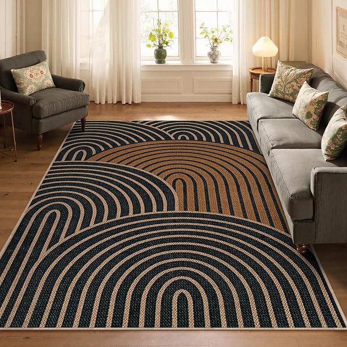 Lahome Enfys Modern Rainbow Easy Jute Carpet, Washable Rugs 5x7 for Living Room Black Farmhouse Dining Room Rug, Contemporary Natural Throw Mat Non Slip Floor Carpet for Office RV Patio