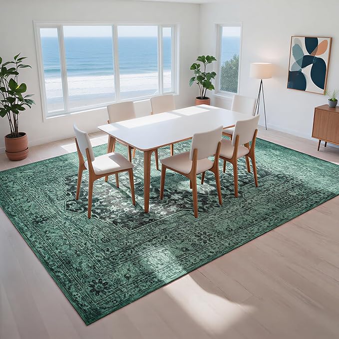 Washable Rugs 8x10 Area Rugs for Living Room- Vintage Green Rugs for Bedroom,Dining Room, Large Soft Low Pile Carpet with Non Slip Rubber Backing,Neutral Accent Rug for Nursery Home Office