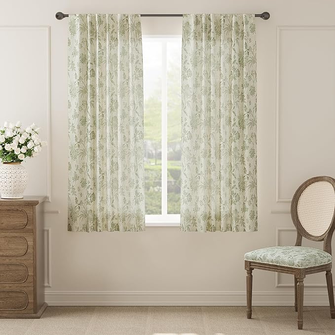 jinchan Linen Floral Curtains for Living Room with Printed Flower 63 Inches Long Light Filtering French Country Back Tab Rod Pocket Sage Green Window Curtain Set Farmhouse Drapes 2 Panels