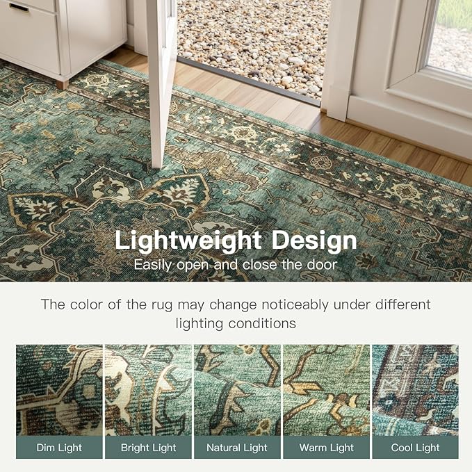 Lofus 9x12 Area Rugs for Living Room, Washable Area Rug, Rugs for Bedroom, Kitchen, Vintage Boho Carpet, Soft Non-Slip, Low Pile Large Area Rug for Office Dining Room, Green