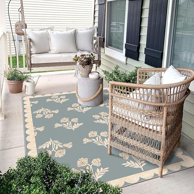 3x5 Floral Entry Rug - Small Washable Indoor Outdoor Mats for Front Door Non-Slip Porch Rug Blue Boho Farmhouse Scalloped Throw Rugs for Living Room Bedroom Entryway Kitchen Office Porch Decor