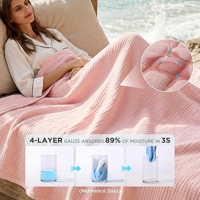 Bedsure 100% Cotton Muslin Blanket King Size for Bed - 4-Layer Breathable and Lightweight Thin Soft Summer Gauze Muslin Blanket for Adults, Pink, 108x90 Inches