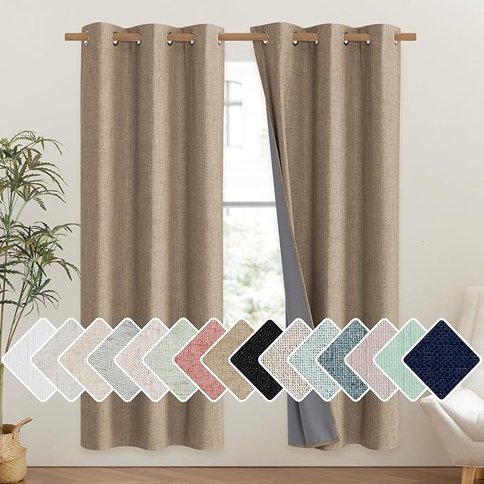 NICETOWN Burlap Vintage Open Linen Weave Flax Thermal Curtains, 100% Blackout Curtains 72" Long for Dining Room, Soundproof Window Treatment Drapes for Gym Room, 42" Wide Per Panel, Set of 2