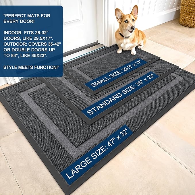 OLANLY Front Door Mat Indoor Outdoor Entrance, Waterproof All-Season, All-Weather Doormat, Sturdy Natural Rubber, Fade Resistant, Low Profile, Easy Clean Patio Porch Entryway Mat, 59x23, Grey