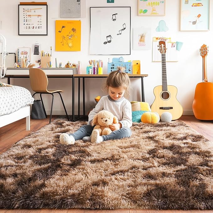 Pionblank Super Fluffy Brown Rug for Bedroom 5x7, Modern Indoor Shag Carpet, Soft Plush Non Slip Rugs for Living Room Kids Room Cloakroom Home Decor, Tie-Dyed Coffee