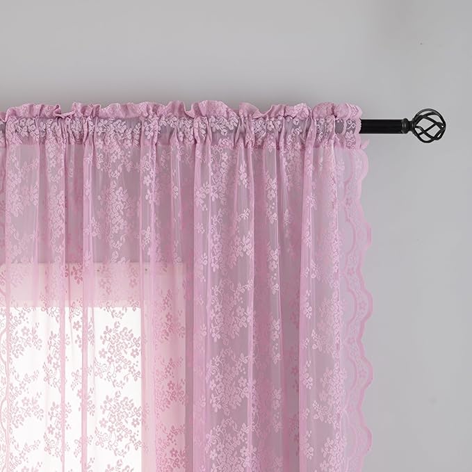 YJ YANJUN Vintage Lace Curtains 63 Inch Length-Victorian Floral Pattern Lilac Sheer Curtain Panels for Living Room Bedroom,Light Filtering, Cute Girls Drapes 2 Panels 52W x 63L Purple Blush