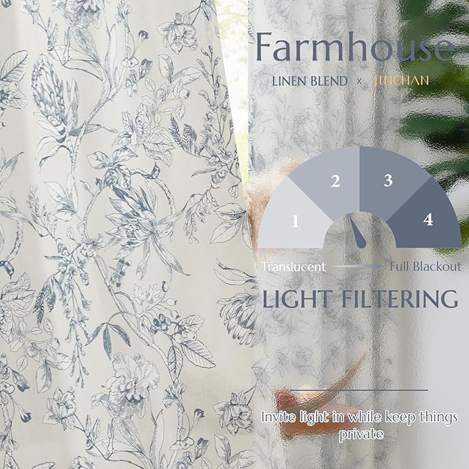 jinchan Floral Curtains 108 Inch Length Blue Flower Linen Farmhouse Curtain for Living Room French Country Vintage Curtain Rod Pocket Curtains Set 2 Panels Blue Floral Printed