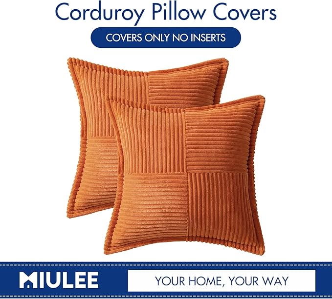 MIULEE Orange Decorative Throw Pillow Covers for Couch Bed Livingroom 16x16 Inch Set of 2 Boho Accent Throw Pllows Broadside Striped Patchwork Soft Corduroy Pillowcases