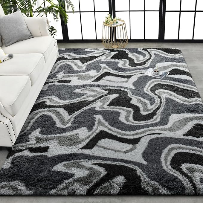 TWINNIS Super Soft Shaggy Rugs Fluffy Carpets, 4x5.9 Feet, Indoor Modern Plush Area Rugs for Living Room Bedroom Kids Room Nursery Home Decor, Upgrade Anti-Skid Rectangular Fuzzy Rug, Grey Black