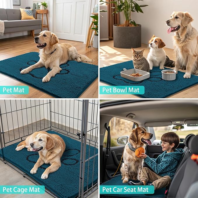 Smiry Dog Door Mat for Muddy Paws, Absorbent Dirt Trapper Non Slip Quick Dry Washable Chenille Mat for Mud Dogs, Entry Rug for Indoor and Outdoor (36x24 Inches, Atlantic Blue and Black)