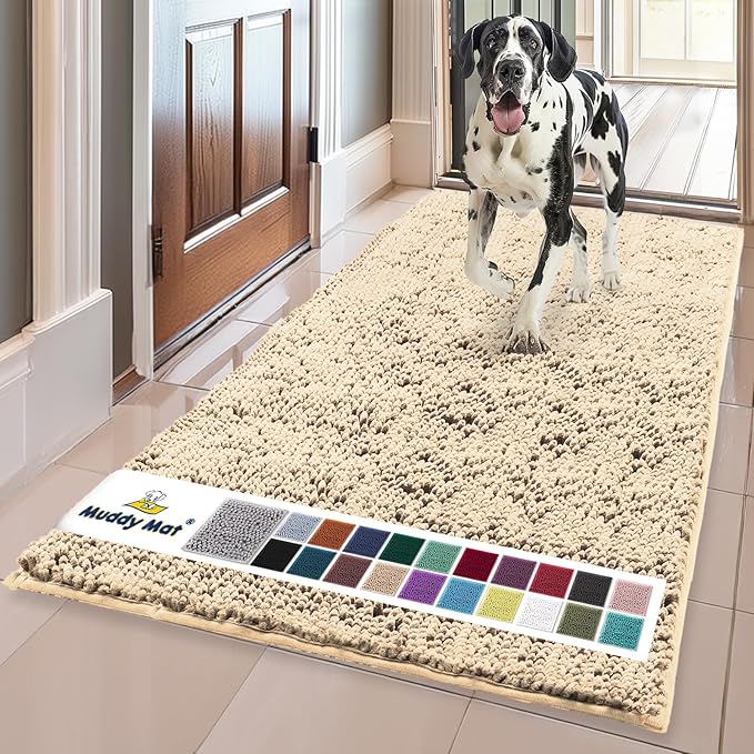 Muddy Mat® | Super Absorbent Door Mat Indoor, Microfiber Quick Dry Chenille Entryway Rug, Non-Slip Front Door Mat, Indoor Mats for Entryway, Machine Washable Pet Rug, Beige 24"x72"