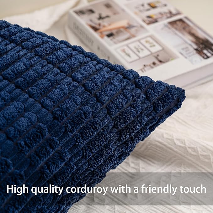 Pack of 2 Corduroy Decorative Throw Pillow Covers 12x20 InchSoft Boho Striped Pillow Covers Modern Farmhouse Home Decor for Sofa Living Room Couch Bed(Blue)