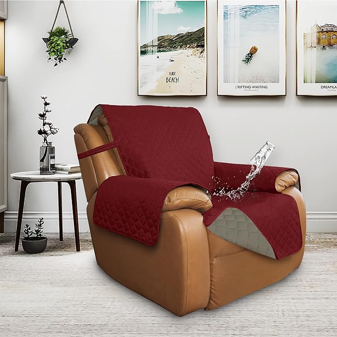 ISSUNTEX Double Protection 100% Waterproof Recliner Covers for Living Room, Reversible Furniture Protector Recliner Couch Sofa Slipcover for Dogs, Pets, Kids (Oversized Recliner, Christmas Red/Beige)