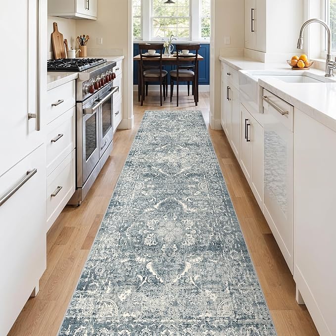 2'6"x12' Washable Hallway Runner Rug - Non Slip Kitchen Runner Rugs with Rubber Backing Vintage Low-Pile Carpet Runners for Entryway Dining Room Laundry Room Home Decor (Blue)