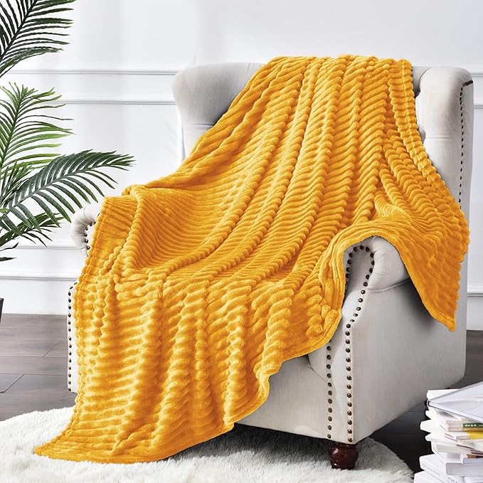 BEDELITE Fleece Blanket Twin Size – 3D Ribbed Jacquard Soft and Warm Decorative Fuzzy Blankets – Cozy, Fluffy, Plush Lightweight Throw Blankets for Couch, Bed, Sofa(Mustard Yellow, 60x80 inches)