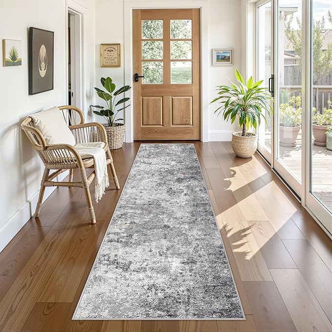 UERMEI 2X8 Washable Runner Rug for Hallway: Soft Neutral Modern Abstract Area Rug - Non-Slip Low Pile Long Throw Indoor Carpet for Kitchen Entryway Kitchen Bedroom Laundry - Grey