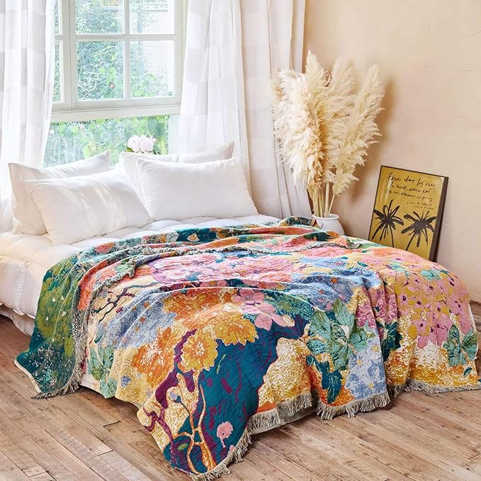 MSGKV Boho Throw Blanket for Couch 50"x60" Cotton Floral Blankets for Sofa Chair Spring Breathable Farmhouse Home Decor All Seasons Lightweight Muslin