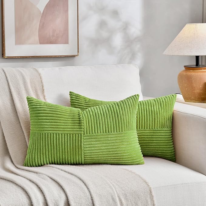 Fancy Homi Set of 2 Lime Green Lumbar Decorative Throw Pillow Covers 14x22 Inch for Living Room Bedroom Couch Bed Sofa, Soft Striped Corduroy Modern Rectangle Accent Cushion Case 35x55 cm