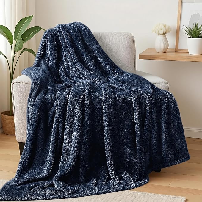 Exclusivo Mezcla Plush Fuzzy Fleece Throw Blanket Extra Large, Super Soft, Fluffy and Warm Blankets for Couch, Bed, All Season (Navy Blue, 50x70 inches)
