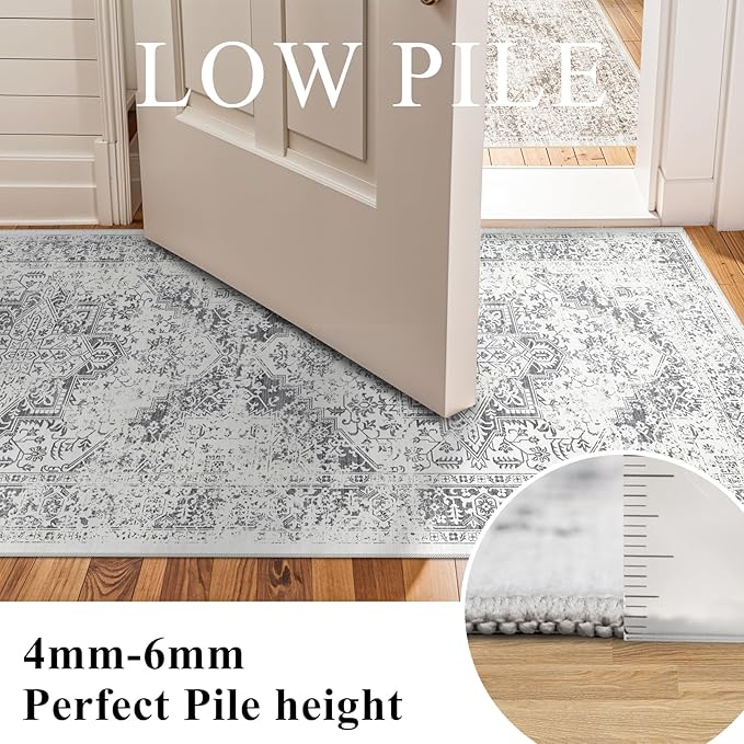 Washable 2'6''x12' Runner Rug - Non-Slip Vintage Runner Rug for Entryway Low-Pile Medallion Long Rugs for Hallway Waterproof Traditional Runner Rugs Indoor Thin Rug for Kitchen Grey