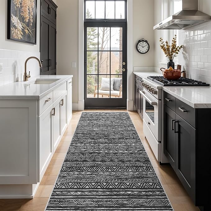 3x7 Washable Hallway Runner Rug - Moroccan Non-Slip Indoor Table Long Runners for Entryway Soft Low-Pile Neutral Rugs for Kitchen Waterproof Geometric Carpet for Bedroom Bathroom Laundry 3x7 Black