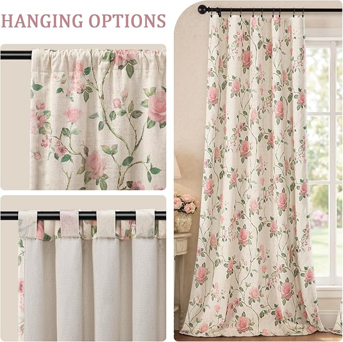 Vintage Floral Blackout Curtains 84 Inch, 2 Panels Spring Linen Texture Farmhouse Drapes for Living Room Bedroom Printed Flower Design Rod Pocket