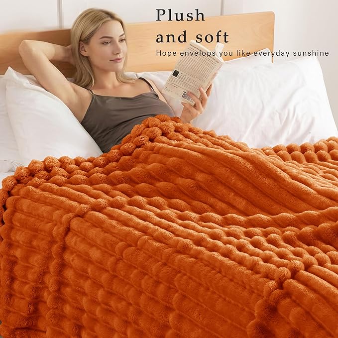 Exclusivo Mezcla Queen Size Flannel Fleece Blanket, Super Soft Striped Jacquard Bed Blanket, Lightweight Fuzzy Cozy for All Seasons, 90x90 Inches, Burnt Orange