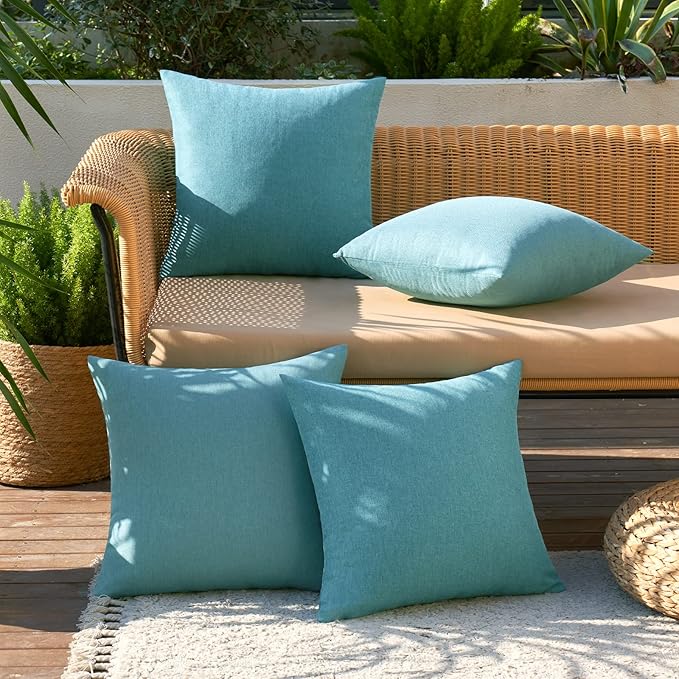 MIULEE Pack of 4 Decorative Outdoor Throw Pillow Covers Linen Waterproof Pillow Covers Farmhouse Cushion Cases for Patio Garden Tent Balcony Couch Sofa 16x16 inch Turquoise