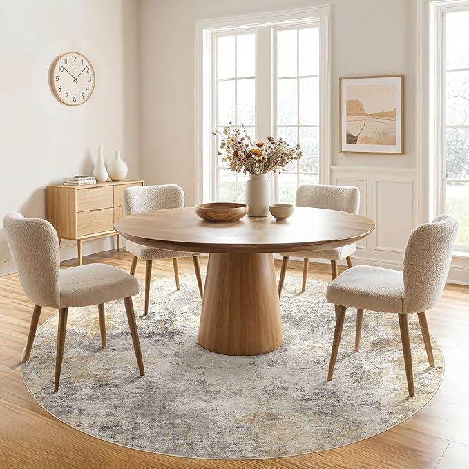 UERMEI 6ft Round Area Rug Living Room Rugs - 6x6 Washable Neutral Modern Abstract Soft Thin Rug Indoor Floor No Slip Rug Carpet for Bedroom Under Dining Table Home Office Decor - Golden Grey