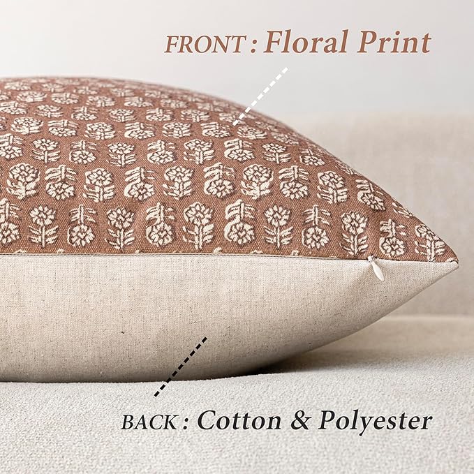 Foindtower Set of 2 Decorative Vintage Floral Print Throw Pillow Covers Neutral Farmhouse Cushion Covers Boho Home Decor for Sofa Couch Chair Bedroom Living Room,24×24 Inch,Light Orange Brown