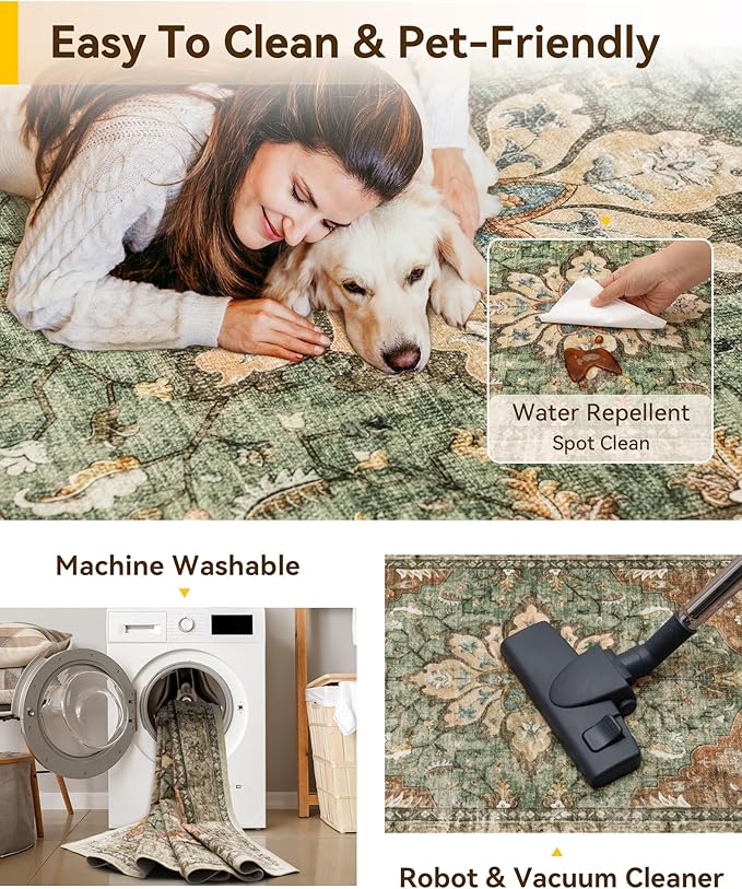 Area Rugs Square 6ft Washable Non-Slip, Floral Vintage Distress Print Pattern Medallion Carpet for Living Room Bedroom Dining Room, Brick Red Rust Neutral Brown Burnt Orange Green