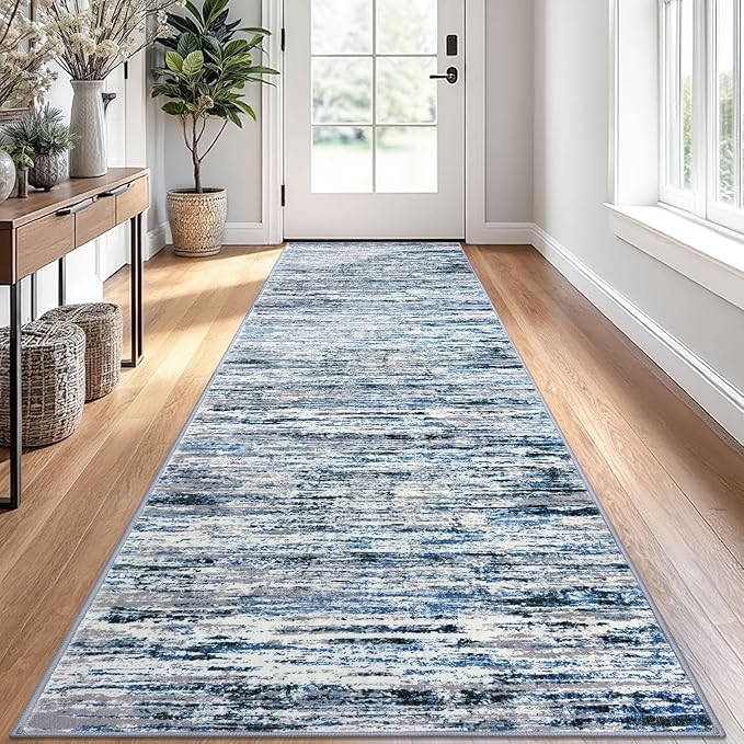Lansny Modern Abstract Runner Rug 2.6x10, Grey Blue White Washable Long Kitchen Runner Non-Slip Soft Hallway Rug Runner Thin Print Faux Wool Carpet for Entryway Bedroom Laundry Room Indoor Home Decor