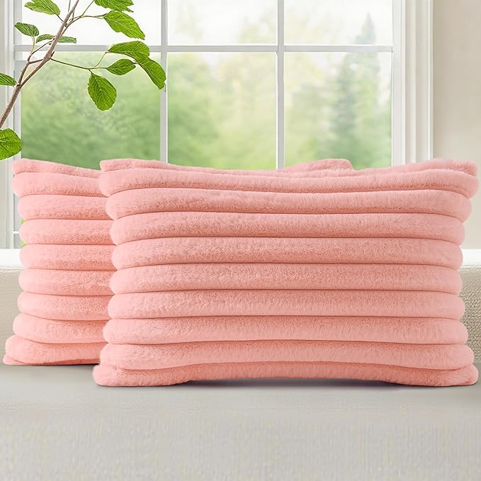decorUhome Summer Cozy Faux Fur Throw Pillow Covers 12x20 Set of 2 Decorative Plush Striped Lumbar Modern Farmhouse Boho Couch Pillow Cases with Velvet Back for Sofa Bed Living Room, Blush Pink
