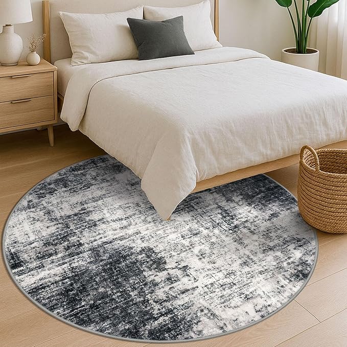 IOHOUZE Abstract Round Area Rug 6 Ft Washable Circle Rugs Large Round Rug Non Slip Thin Soft Circle Rugs, Printed Faux Wool Floor Carpet for Bedroom Living Room Dining Room Nursery, Black Grey
