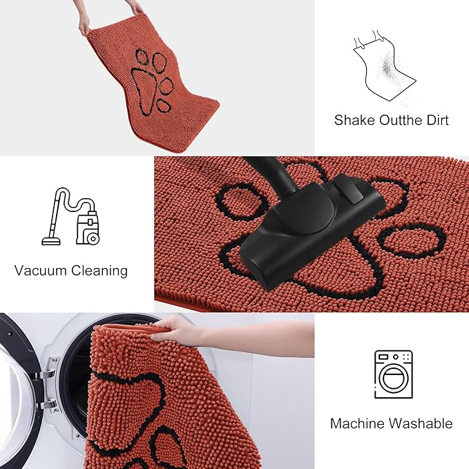 Smiry Dog Door Mat for Muddy Paws, Absorbent Dirt Trapper Non Slip Quick Dry Washable Chenille Mat for Mud Dogs, Entry Rug for Indoor and Outdoor (48x30 Inches, Maple Red and Black)