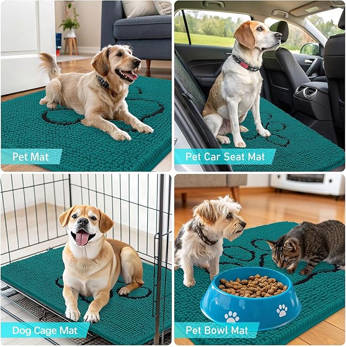OLANLY Dog Door Mat for Muddy Paws 30x20, Paw Print Design, Absorbs Moisture and Dirt, Absorbent Non-Slip Washable Doormat, Quick Dry Chenille Mud Mat for Dogs, Entry Indoor Entryway Carpet, Lake Blue