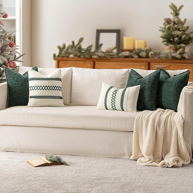 MIULEE Pack of 2 Christmas Green Couch Throw Pillow Covers 20x20 Inch Modern Boho Accent Decorative Pillow Covers Soft Chenille Farmhouse Cushion Covers for Home Decor Bed Sofa Living Room
